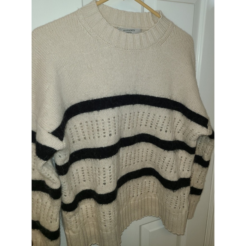 AllSaints Siddons Striped Open Stitch Sweater, Sz‎ Med, Cream Navy Oversize Cozy